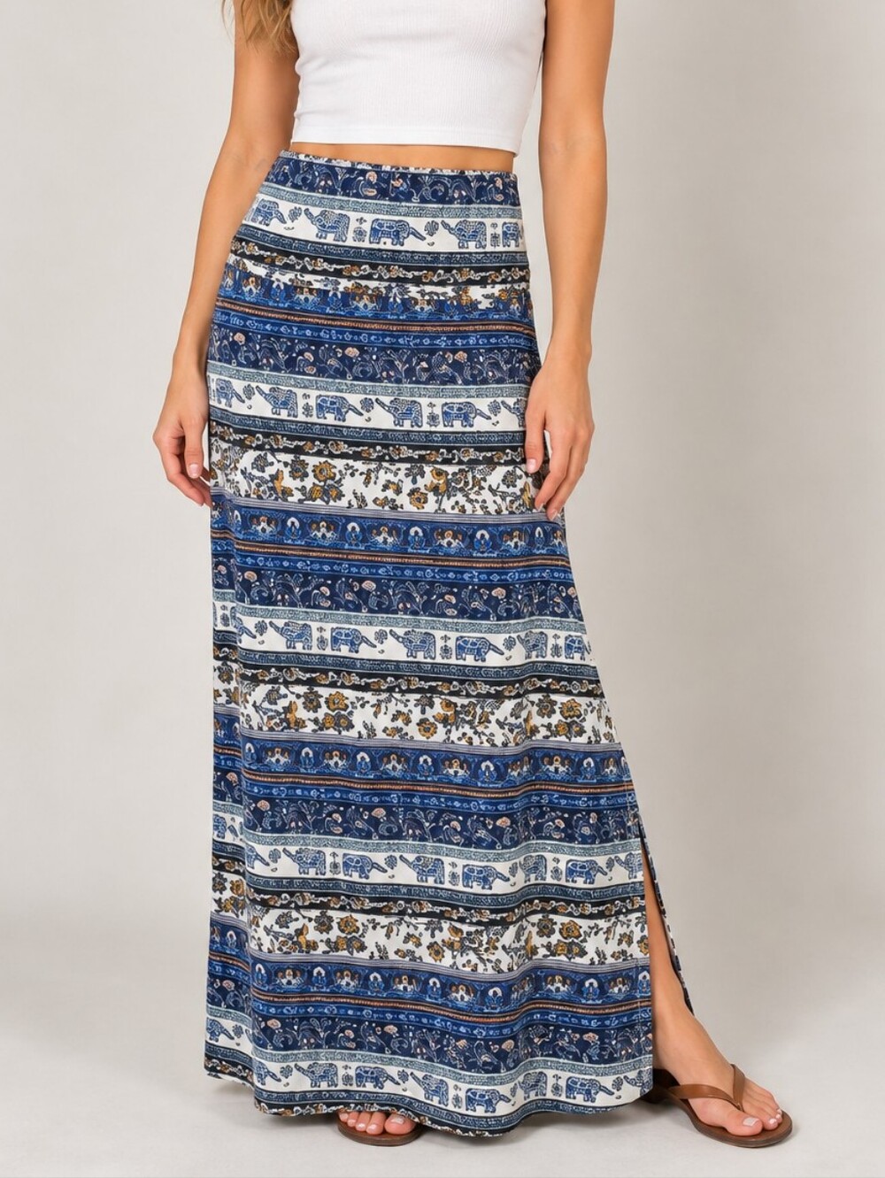 PINK ROSE Women’s Blue Elephant Floral Print Maxi Skirt Size XS